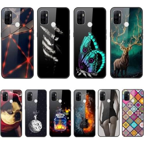 Case For OPPO A53 Phone Cover Black Back Silicone Bumper With Tempered Glass