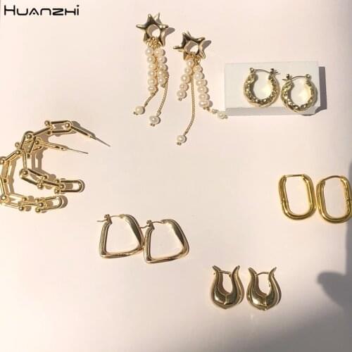 HUANZHI 2020 New Trendy Vintage Golden Metal Geometric Round Square C Shape Exaggeration Hoop Earrings for Women Jewelry Gifts