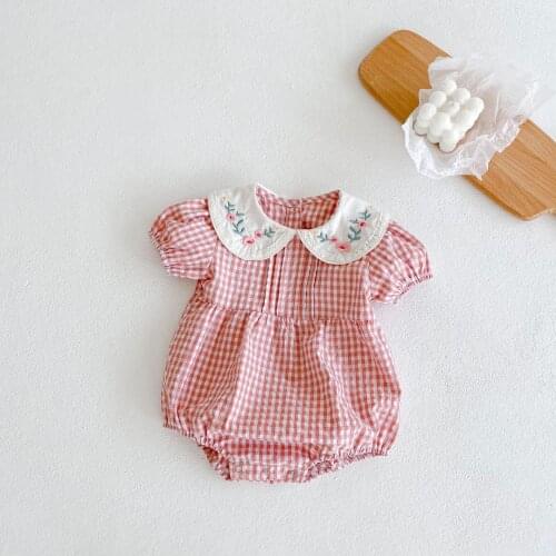 Newborn Baby Girls Romper Doll Collar Baby Clothes Embroidered Summer Infant Baby Jumpsuit For Girls Princess Pink Plaid Outfits