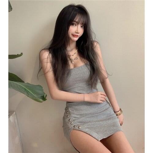 Korea Ulzzang Summer new women dress split buttons Spaghetti Strap sexy casual Harajuku Slim Mini Punk plus size women dress