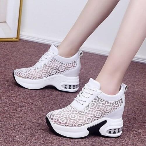 Summer Breathable Mesh Chunky Platform Sneakers Women Lace Floral Hollow Out White Shoes Woman Hidden Heels Casual Shoes