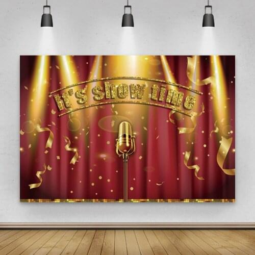 Laeacco Red Stage Gold Gold Ribbons Sequins Photography Backdrop Party Microphone Spotlight Baby Shower Background Photo Studio