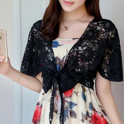 Summer Womens Prevented Bask Transparent Shawl Fashion Hollow Out Shawl Short Sleeves Lace Cardigan Joker Thin Coat