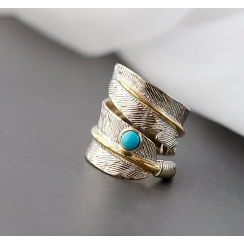 Hot New 925 Sterling Silver Inlaid Natural Turquoise Feather Rings Fashion Jewelry Gifts Adjustable Size Retro Women Open Ring