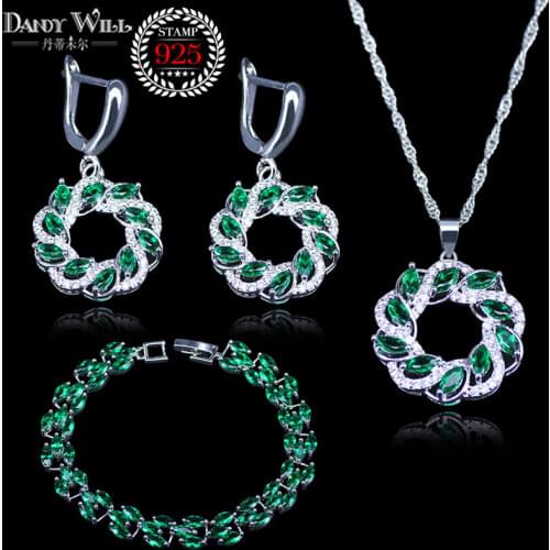Silver Color Jewelry Sets For Women Round Square Green Cubic Zirconia White Crystal Bracelets Sets Pendants Earrings