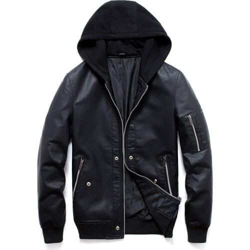 Fad New Leather Jacket Men Knitted Hooded PU Coats Slim Fit Trend Mens Leather Jacket Jaqueta De Couro Masculina