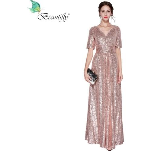 Prom dress Long-Length Rose Gold Sequin V-Neck Zipper Back Fashion New Maxi Elegant Womens Dress