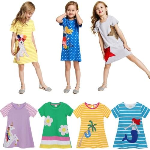 Girls Dresses Cotton Brand Summer Baby Girls Dress Unicorn Mermaid Print Princess Dress Kids Girls Clothes Short Sleeve