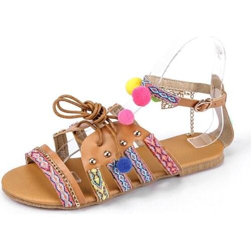 Beach shoes fur ball sandals female 2019 summer new large size ladies flat beach sandals tide