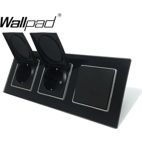 2 Cap Socket+ Light Switch Wallpad Black Crystal Glass EU Triple Frame 1 Gang 2 Way and 16A EU Wall Socket with Cap Claws Mount