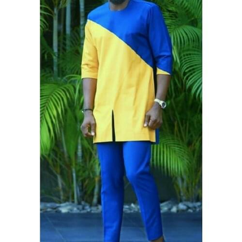 Three Quarter Sleeve Shirts Egg Yellow And Royal Blue Patchwork Shirts+Solid Trousers Senator Style Male Pant Suits Party Wear