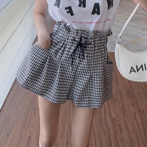 Zoki Plaid Women Wide Leg Shorts Cotton Summer High Waist Korean Loose Pocket Shorts Black Fashion 2021 Lace Up Shorts