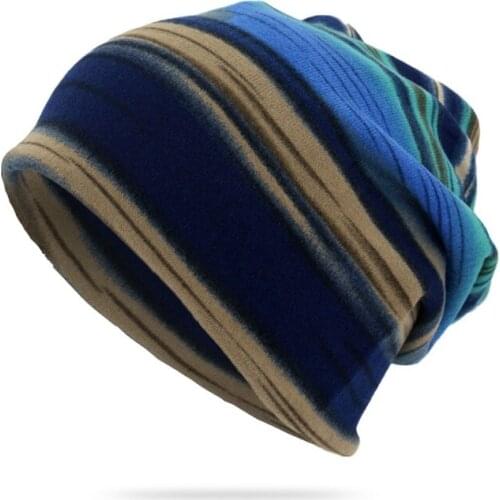 Unisex Stripe Print Beanie Hat Scarf Casual Outdoor Convertible Windproof Cap Winter Hats For Women Men Casquette