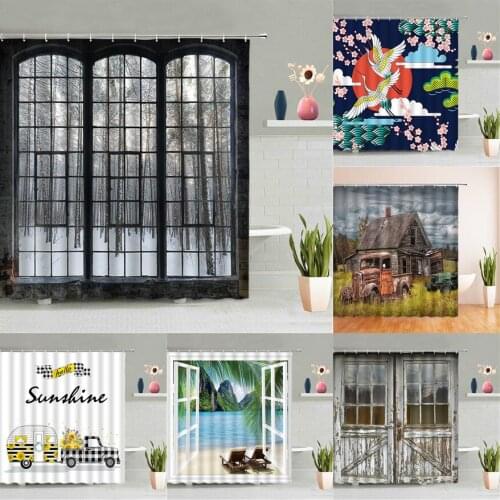 Vintage Window Shower Curtain Retro Window Outside Forest Waterfall Ocean Natural Landscape Bathroom Curtains Bath Screen Decor