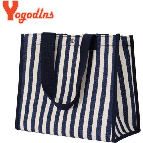 Yogodlns Casual Stripe Handle Bag Female Canvas Tote Bags 2021 Trendy Handbag Designer Lady Shoulder Bags Hand Pouch Bolsa 3size