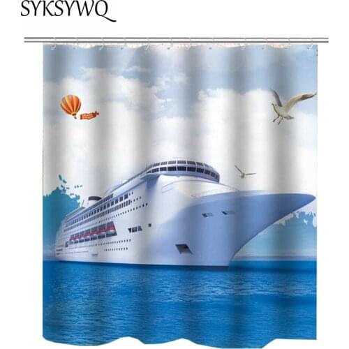 Blue Sea Shower Curtain Sailboat Summer Dreams Bathroom Curtain Blue Sky Ocean Water Wave Drop Shipping Transparent White Boat