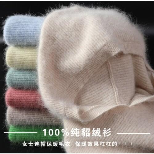 Spring Winter 100% Mink Cashmere Sweater Women Knitted Hooded Warm Ladys Grade Up Jumpers and Pullovers Soft Warm Tops
