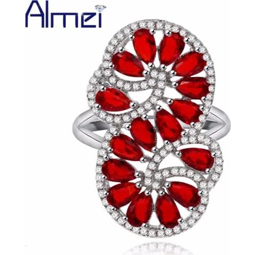 Almei Water Drop Rings For Women Female Ring with Red Stones Cubic Zirconia Gifts for the New Year Decorating Jewellery PJ103
