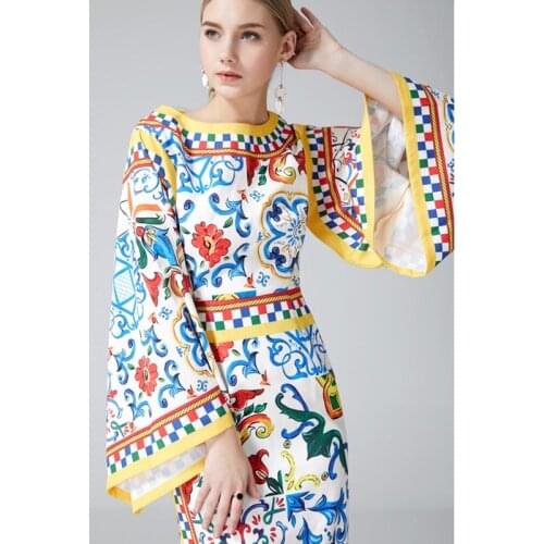High quality Chinese style fashion blue and white porcelain print loose bat sleeves Slim bag hip woman dress