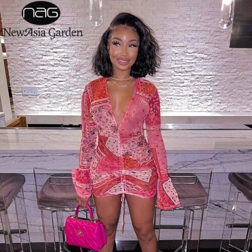 NewAsia Print Beach Dress Flare Long Sleeve Ruched Drawstring Deep V High Waist Mini Bodycon Dress Sexy Party Club Chic Vestidos