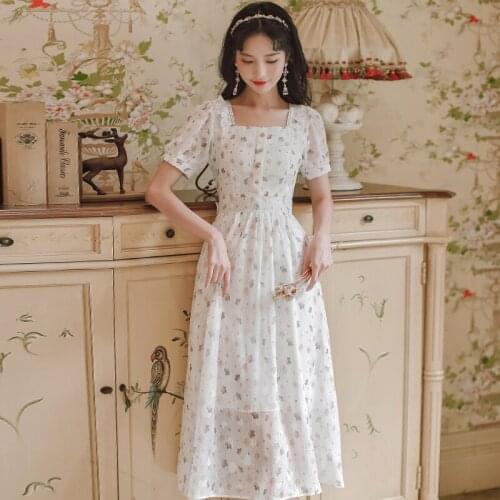 Dresses For Women 2021 Chiffon Print Sweet Dress Summer French Gentle Floral Square Neck Elegant Party Vestidos