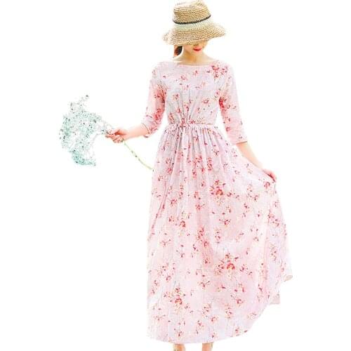 2021 Spring New Women Fashion Dress O-neck 3/4 Sleeves Floral Long Dress Plus Size Loose Long Dress for Vocation Vestidos