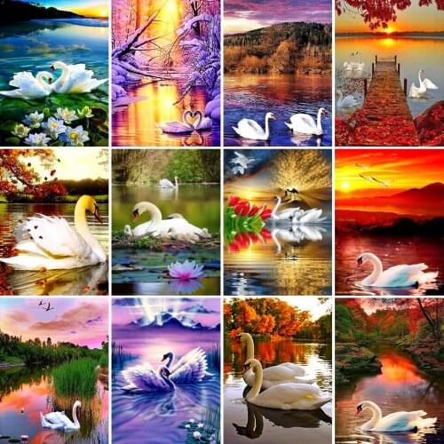 5D DIY Diamond Painting Swans Landscape Kit Full Drill Square Embroidery Mosaic Art Pictures Of Rhinestones Home Decoration Gift