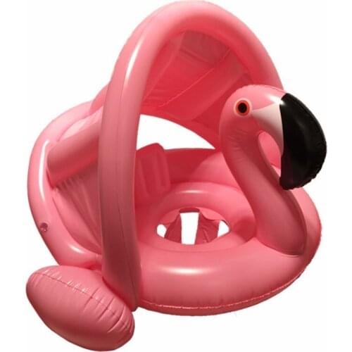 Baby Inflatable Flamingo Swan Pool Float with Sunshade Ride-On Swimming Ring Safe Seat Water Toys Infant Circle