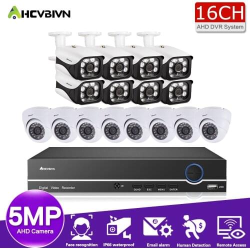 Home DVR NVR CCTV Monitoring Security Camera System Kit 16ch AHD DVR Video Surveillance Cameras System Ultra HD 5MP Camera Kit