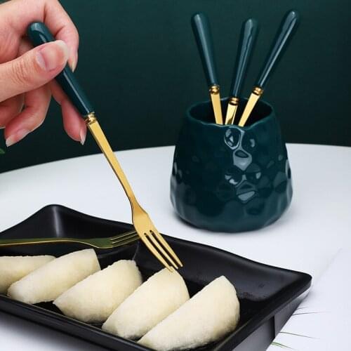 Elegant Coffee Dessert Spoon Fruit Fork Ceramic Handle Spoon Stainless Steel Tea Mixing Spoon Ice Cream Spoon with Storage Tank