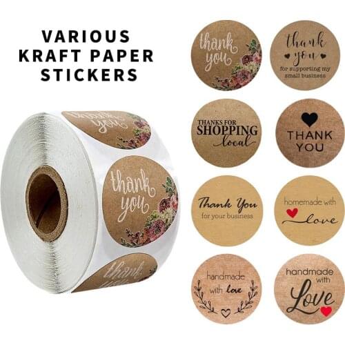 Round Natural Kraft Thank You Sticker Seal Labes 500 Pcs/roll Hand Made with Love Sticker Paper Scrapbooking Stationery Sticker