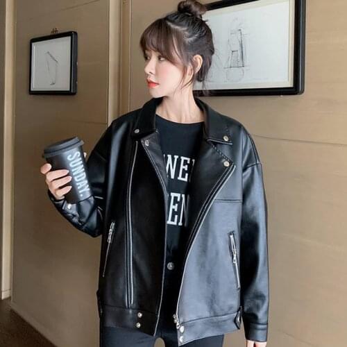Basic Autumn Spring Womens Leather Jakcet Loose Turn Down Ladies Faux Coat Plus Size Moto Biker Zipper Jackets for Lady Outwear