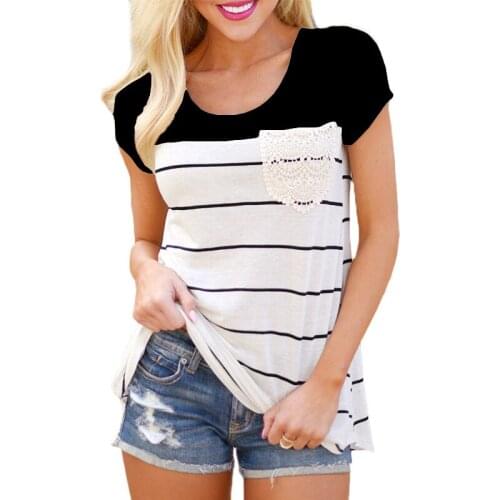 Summer Women New Style T Shirt Fashion Casual Womens Stripes Stitching Pockets Round Collar T Shirt