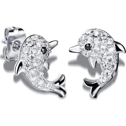 Small Dolphin Girls Earrings Yellow / White Gold Filled Full Zircon Animal Stud Earrings for Childrens Kids Baby Lovely Xmas Gif