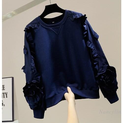 Sweet sweatshirt women Pleated Ruffles Large Flower Lantern Sleeve Crew Neck Pullover Hoodies Female Lady Tops Pink Blue