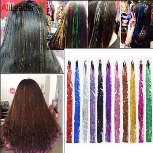 Alileader Red Yellow Blue Synthetic Sparkle Hair Extension 600Roots/Pcs Tinsel Hair For Making Hairstyle For Women Girls