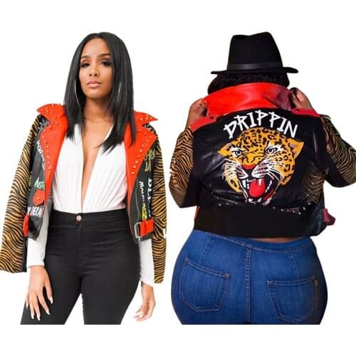 2021 autumn and winter leather rivet stitching personalized printing tiger head PU jacket motorcycle plus size womens clothing