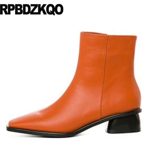 Fur Square Toe Women Ankle Boots Medium Heel Vintage Orange Size 41 Autumn Chunky Big Short Shoes Plus 10 Block Genuine Leather