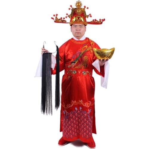 Happy new year Chinese ancient classic embroidery red suits story stage costumes CAI SHENYE god of wealth costume
