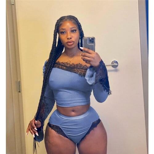 Wsevypo Sexy Lace Spliced Two-piece Shorts Sets Women Ribbed Home Wear Autumn Off Shoulder Long Flare Sleeve Crop Tops+Shorts