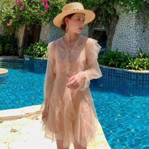 Mesh Two Piece Sets Of French Fashionnet Red Suit Dresses A Holiday Beach Style Spring Long Sleeve Sundress Women Vestidos