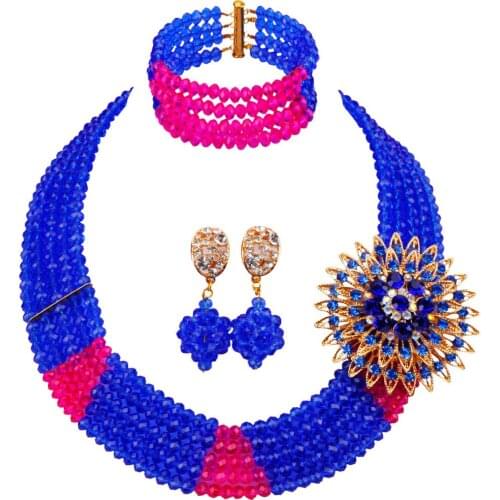 Blue and Fuchsia Costume African Jewelry Set Nigerian Wedding Beads Necklace Crystal Party Jewelry Sets 3JK04