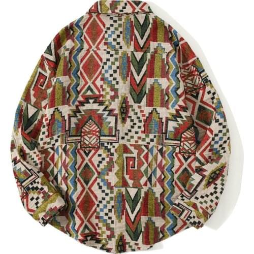 National Style Knitted Geometric Patterns Color Block Button Shirts Harajuku Casual Long Sleeve Tees Tops Streetwear