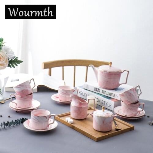 Wourmth Fashion Marble Coffee Set Porcelain TeaSet Ceramic Teapot Creamer Sugar Bowl Coffee Cup Luxury 15pcs Coffeeware set Gift