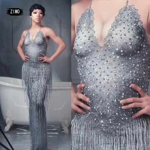 Rhinestone dress silver tassel Bodycon Long Dress fringe nightClub Party Dancer Costume designer latin dance outfits for women