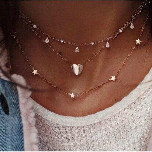 Fashion Necklace Personality Crystal Heart Pentacle Multi-layer Womens Necklace Simple Hot Sell Jewelry Wholesale