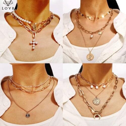 New Bohemian Multi Layered Necklace for Women Vintage Charm Portrait Star Moon Gold Pendant Necklace Geometric Collier Collares