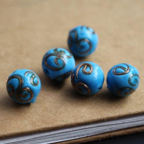 10pcs/Lot 12mm Handmade Lampwork Glass With Gold Screw Round Light Blue Color Traditional for jewelry Making