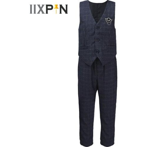 3Pcs Boys Formal Suit Vest Plaid Waistcoats + Pants + Brooch Childrens Gentleman Party Costume Kids School Wear Boys Suits