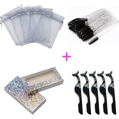 4 In 1 Eyelash Packaging Drawstring Pouch Organza Bag Disposable Diamond Mascara Wands Eyelash Tweezers and Lash Case Wholesale